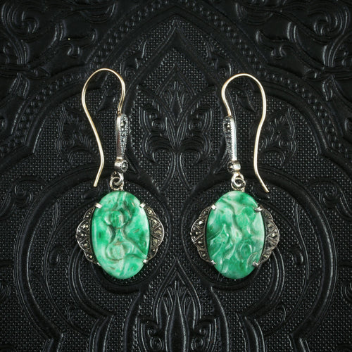 Vintage Art Deco Carved Jade Drop Earrings