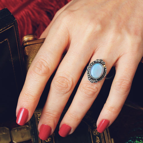 Vintage 1950's Art Deco Opal & Marcasite Dress Ring