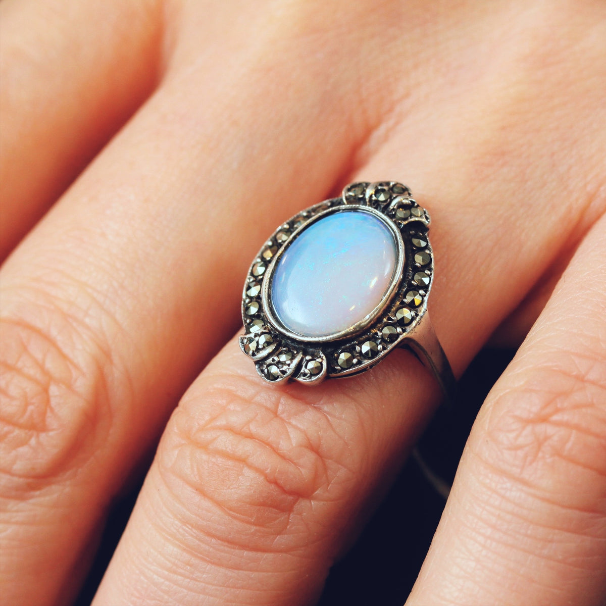 Vintage 1950's Art Deco Opal & Marcasite Dress Ring