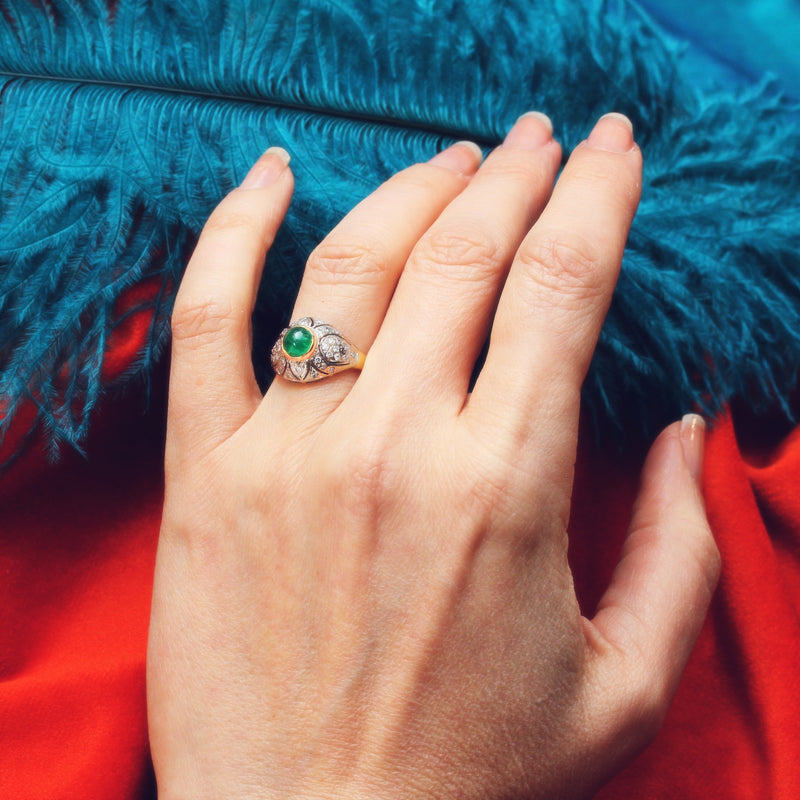 Vintage Deco Style Emerald & Diamond Boule Cocktail Ring