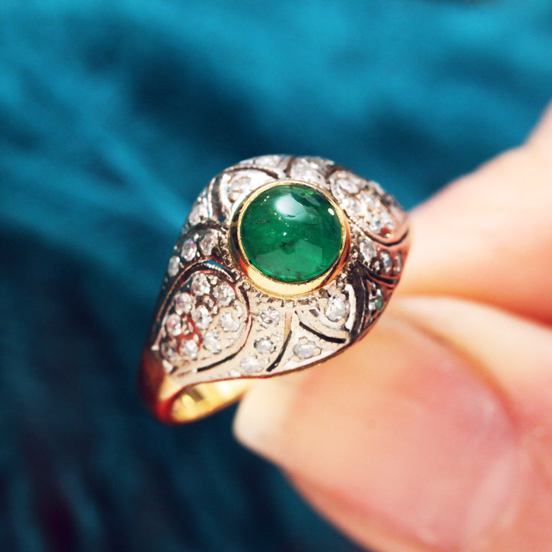 Fantastic Deco Style Emerald & Diamond Boule Cocktail Ring