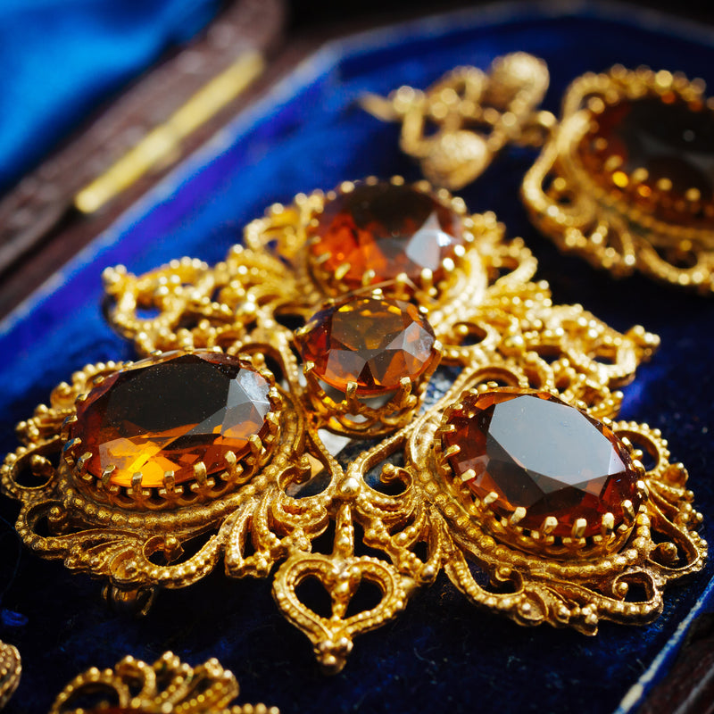 Georgian Style Dark Cognac Citrine Earrings Demi Parure