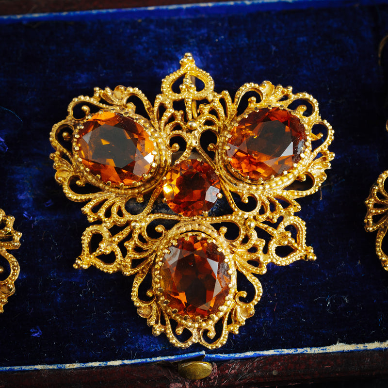 Georgian Style Dark Cognac Citrine Earrings Demi Parure