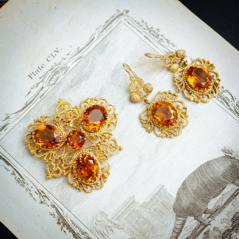 Georgian Style Dark Cognac Citrine Earrings Demi Parure