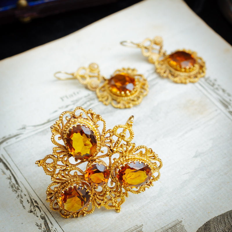 Beautiful Georgian Style Dark Cognac Citrine Earrings and Brooch/Pendant Set