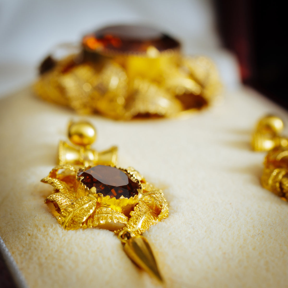 Pristine Antique Victorian Gold Work set of Citrine Earrings and Brooch