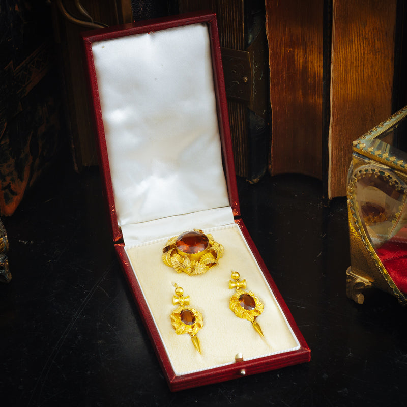 Pristine Antique Victorian Gold Work set of Citrine Earrings and Brooch