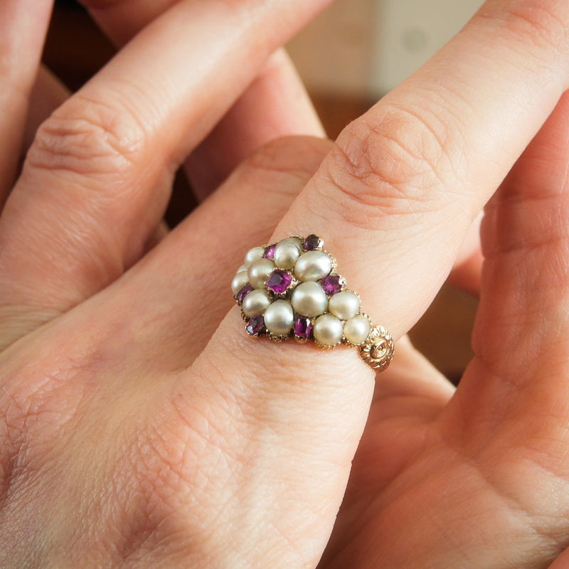 Thou Dost Enthrall Me! Antique Georgian Ruby & Natural Pearl Cluster Ring