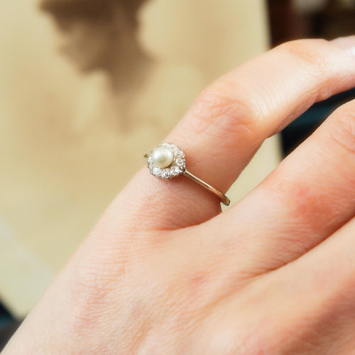 A Sweeet Little Hand Cut Diamond & Natural Pearl Cluster Ring