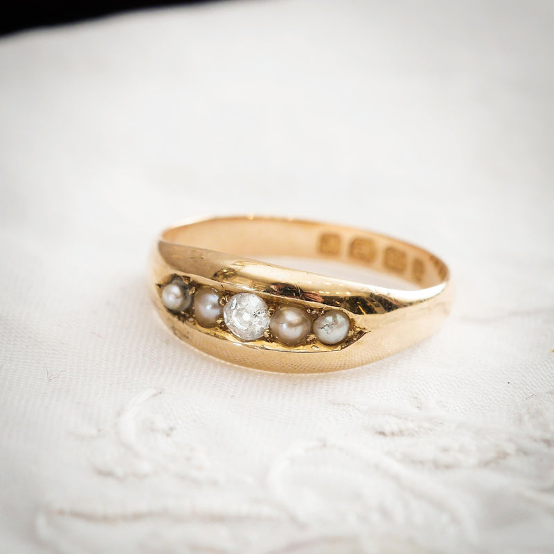 Victorian Date 1888 Pearl and Diamond Band Ring