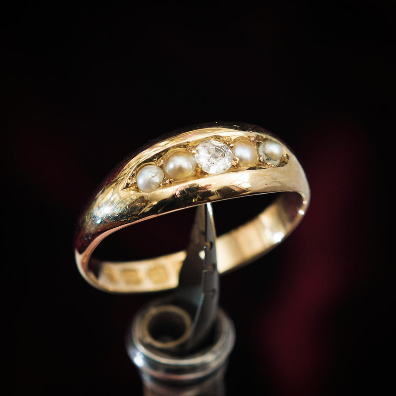 Victorian Date 1888 Pearl and Diamond Band Ring