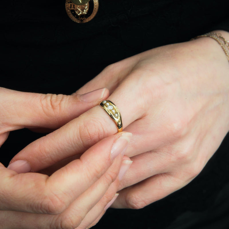 Victorian Date 1888 Pearl and Diamond Band Ring