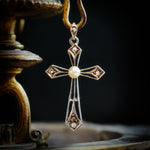 Antique French Diamond & Natural Pearl Cross Pendant