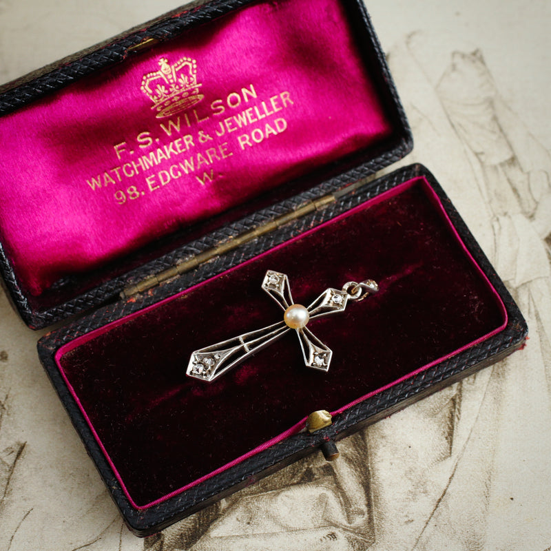 Fine Antique French Diamond & Pearl Cross Pendant