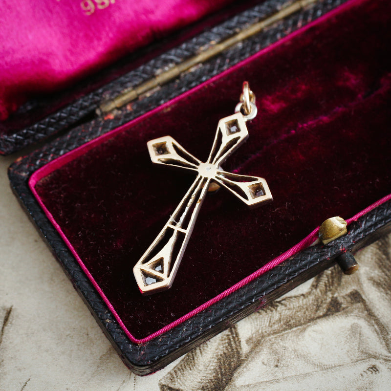 Fine Antique French Diamond & Pearl Cross Pendant