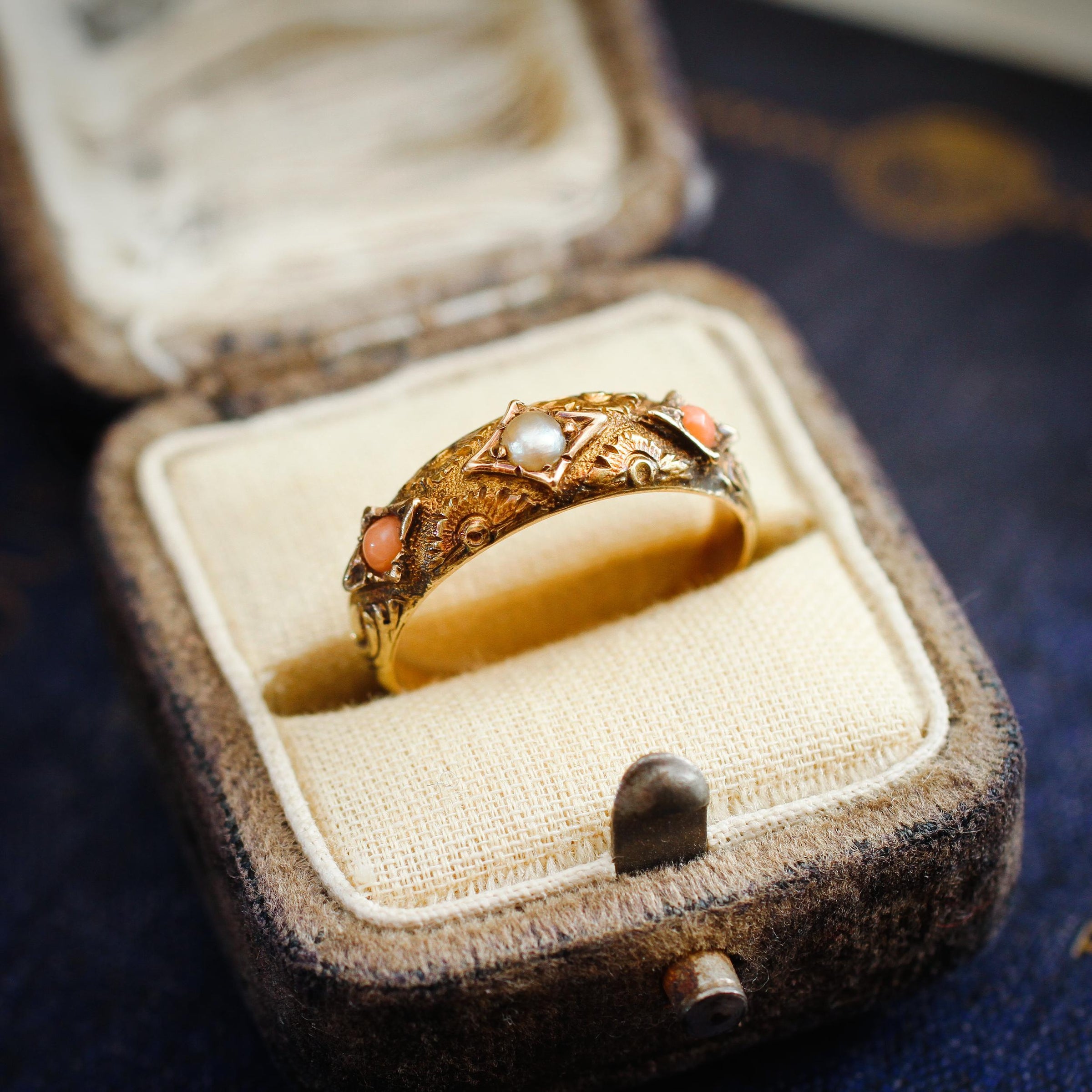 Rare Precious Date 1875 Etruscan Revival Coral & Pearl Ring – Fetheray