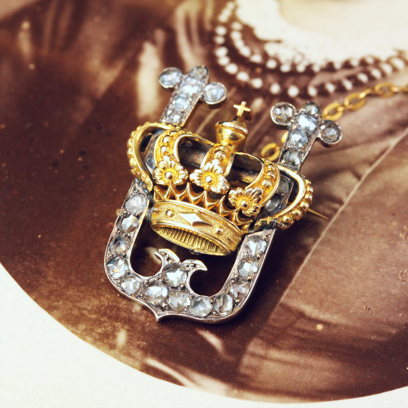 Antique Crowned Diamond Initial Brooch