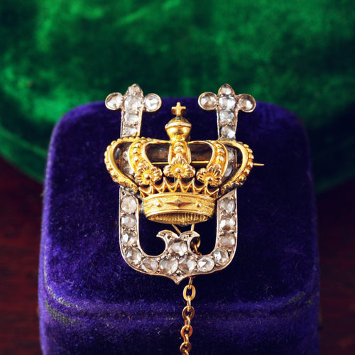 Antique Crowned Diamond Initial Brooch