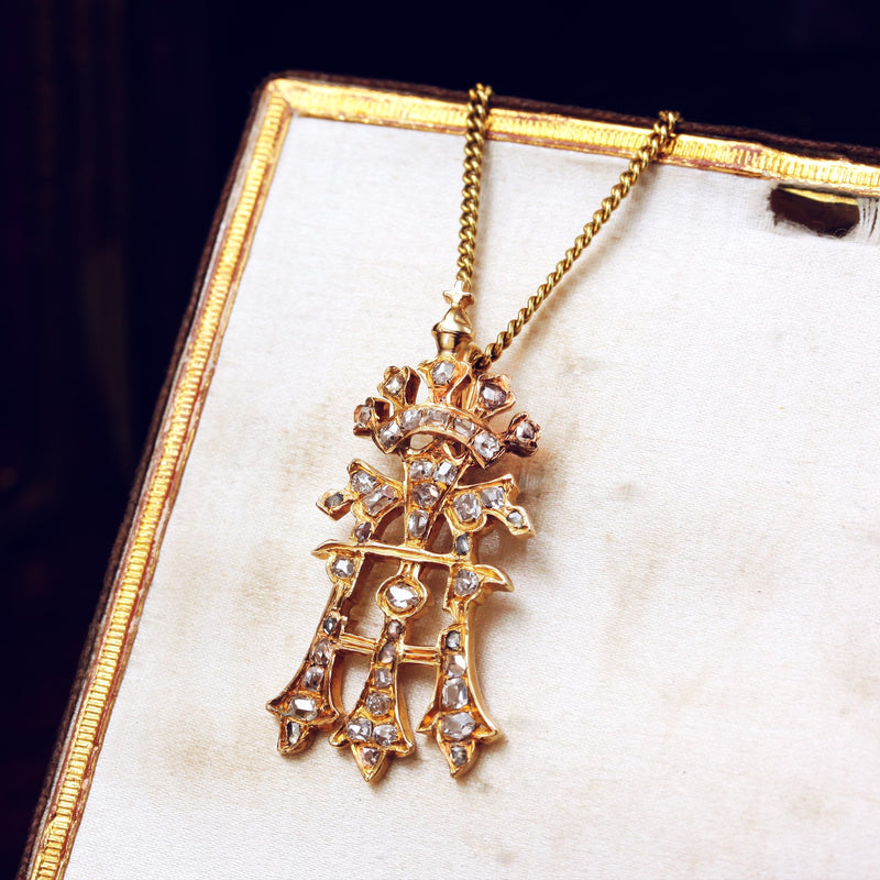 An Antique Diamond Initial A Pendant with Cross and Coronet