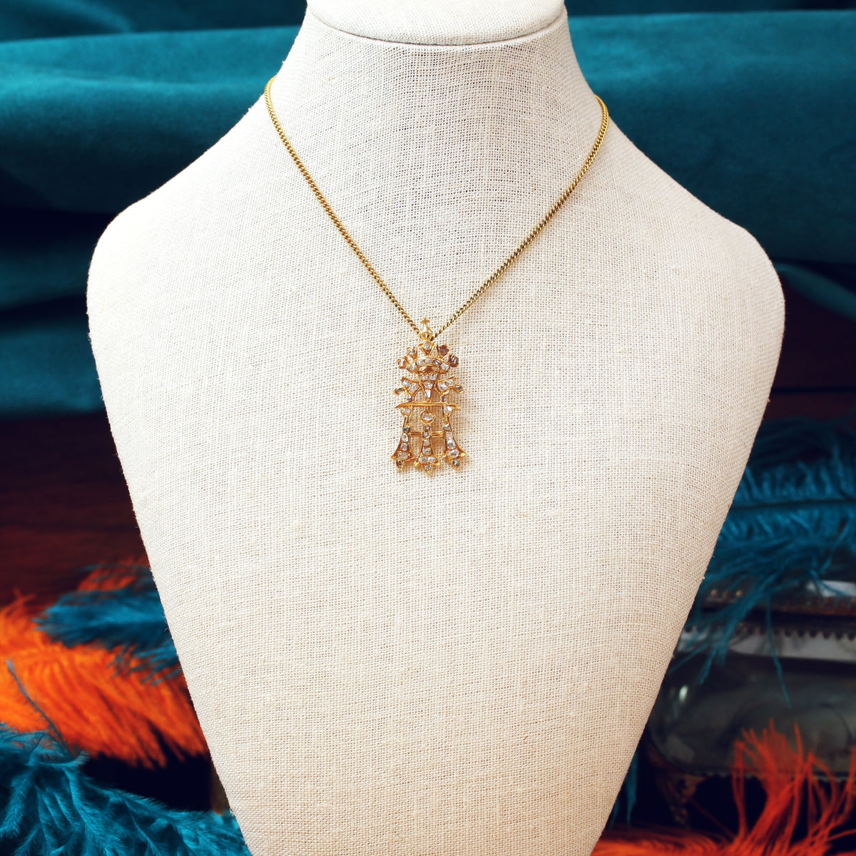 An Antique Diamond Initial A Pendant with Cross and Coronet