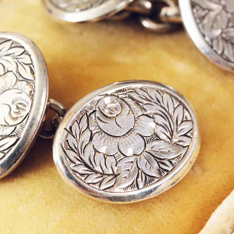 Antique Silver Rose & Fern Cufflinks