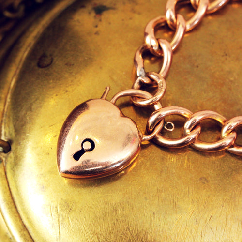 Antique Rosy Gold Heart Padlock Chain Bracelet