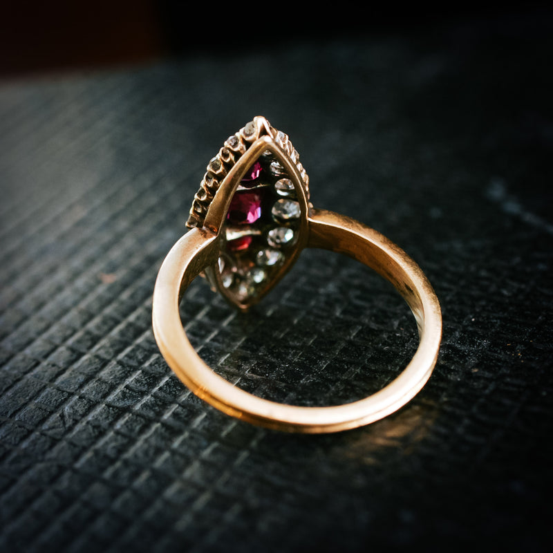 Nicely Nostalgic Antique Navette Ruby and Diamond Ring