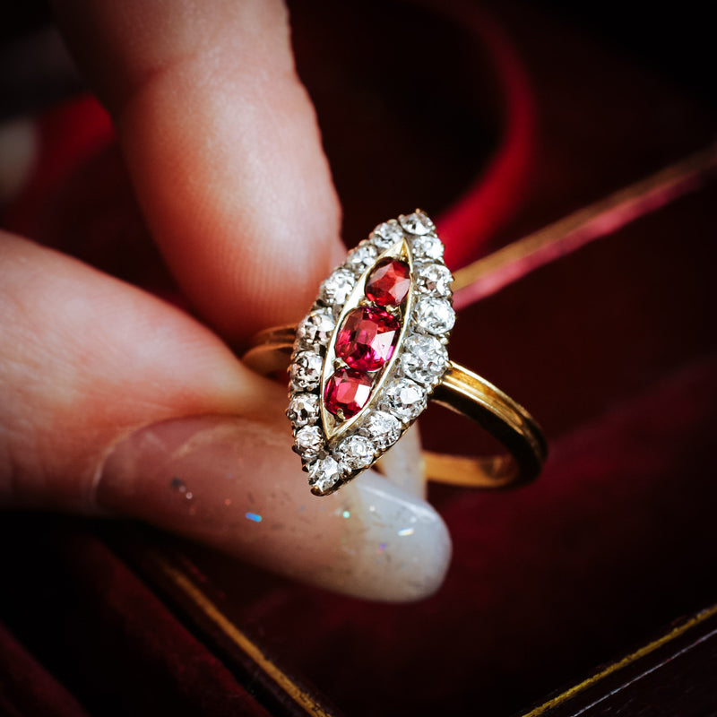 Nicely Nostalgic Antique Navette Ruby and Diamond Ring