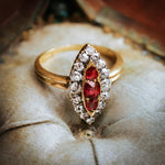 Nicely Nostalgic Antique Navette Ruby and Diamond Ring