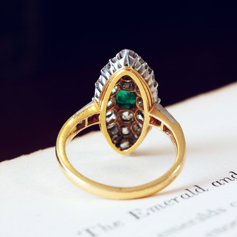 Utterly Charming Edwardian Emerald and Diamond Navette Cluster Ring