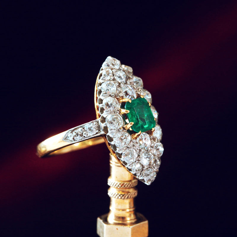 Utterly Charming Edwardian Emerald and Diamond Navette Cluster Ring