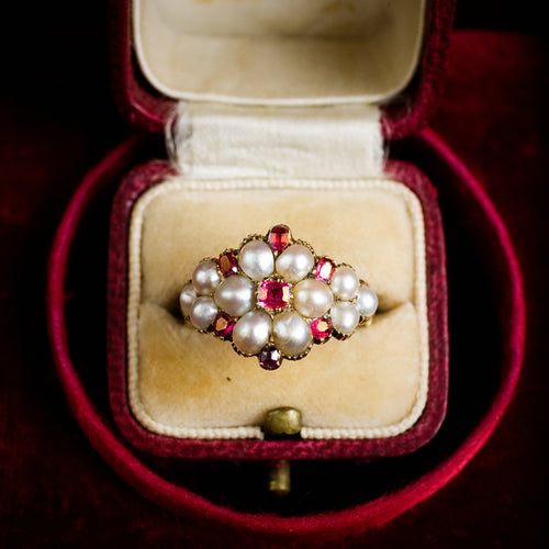 Antique Georgian Ruby & Natural Pearl Cluster Ring