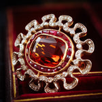 Extraordinary Pristine Antique Edwardian Hessonite Garnet, Ruby and Diamond Brooch