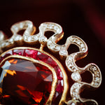 Extraordinary Pristine Antique Edwardian Hessonite Garnet, Ruby and Diamond Brooch