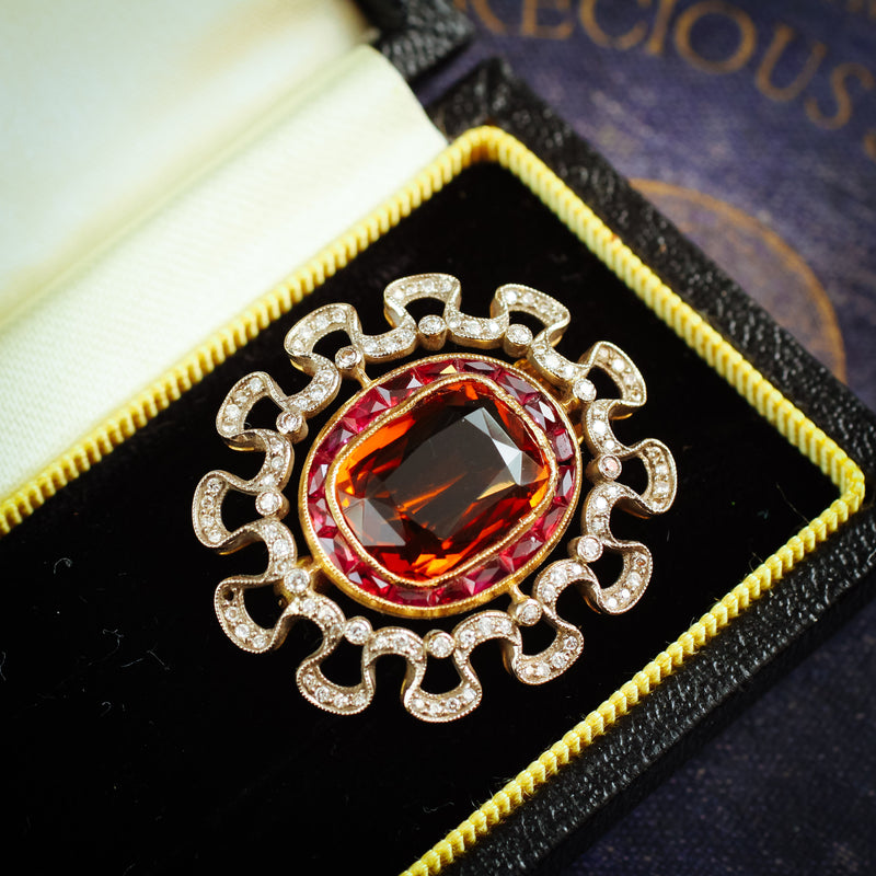 Extraordinary Pristine Antique Edwardian Hessonite Garnet, Ruby and Diamond Brooch