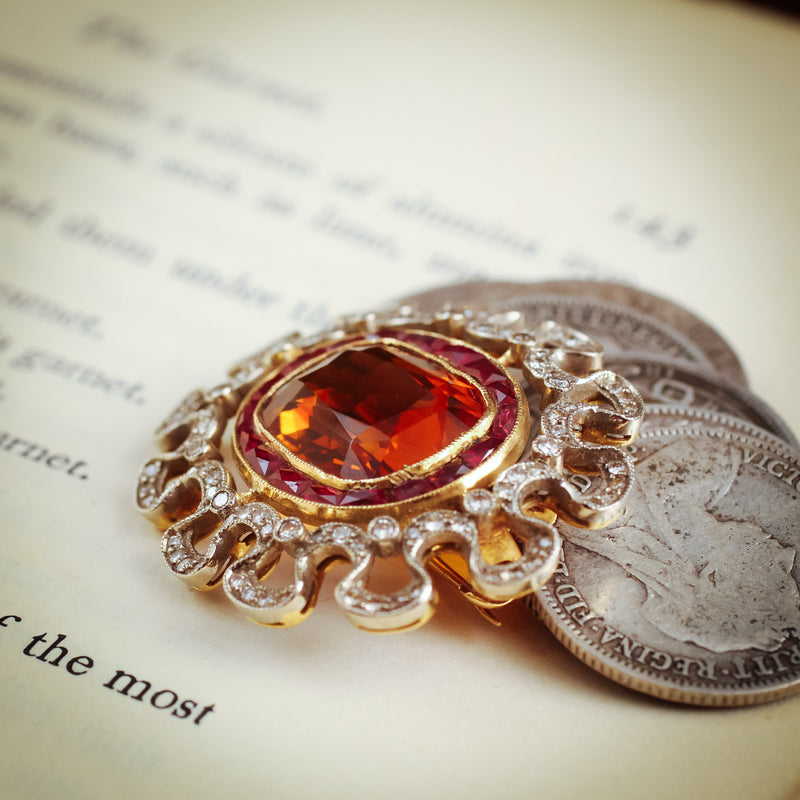 Extraordinary Pristine Antique Edwardian Hessonite Garnet, Ruby and Diamond Brooch