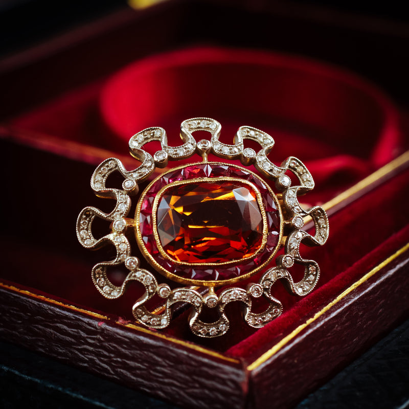 Extraordinary Pristine Antique Edwardian Hessonite Garnet, Ruby and Diamond Brooch