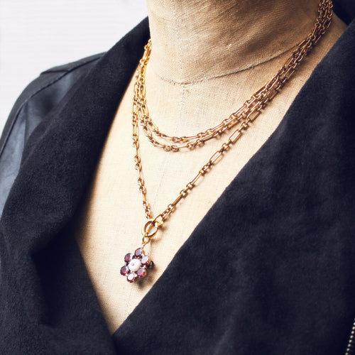 Georgian Flat-cut Garnet, Diamond & Natural Pearl Brooch/Pendant