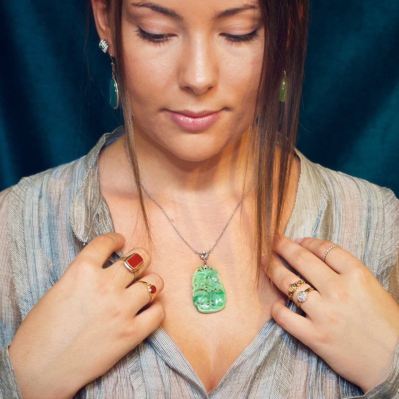 Divine Deco Styled Vintage Jadeite & Diamond Pendant