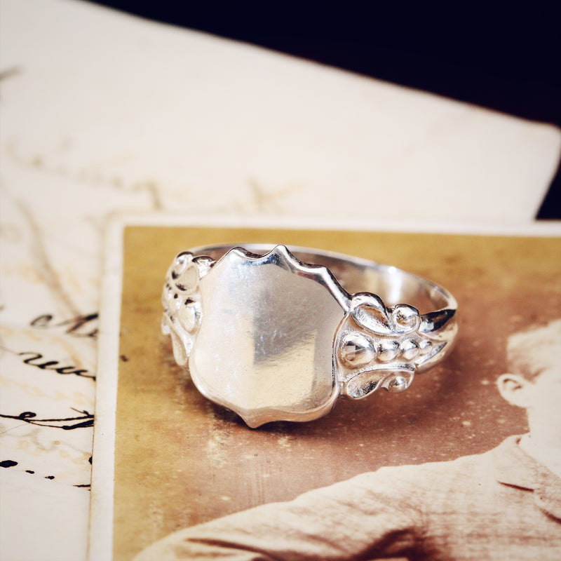 Vintage Style Silver Shield Signet Ring