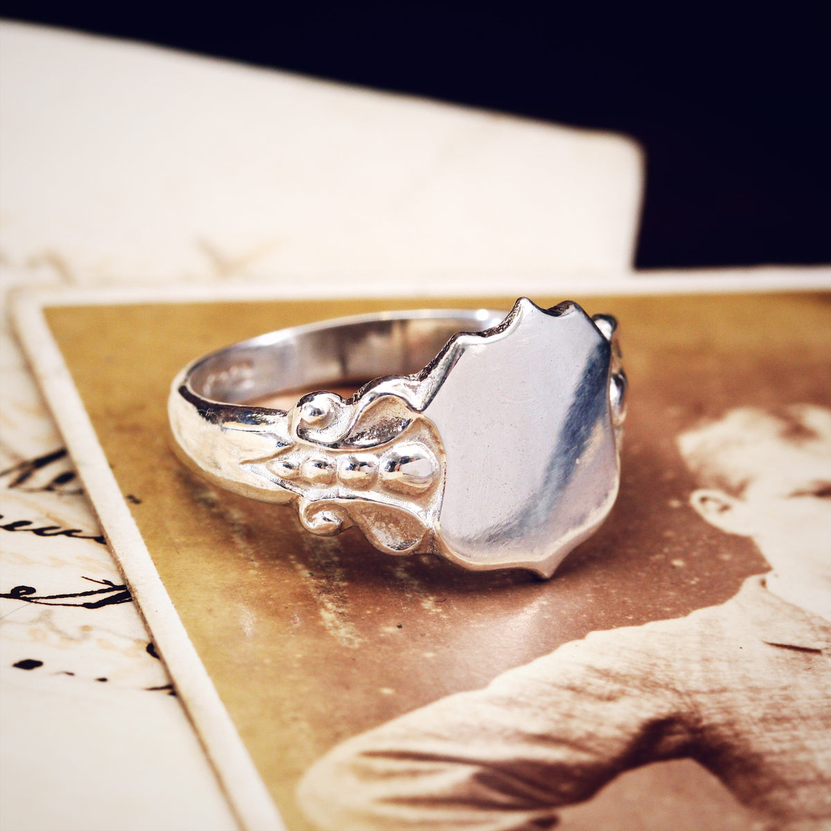 Vintage Style Silver Shield Signet Ring