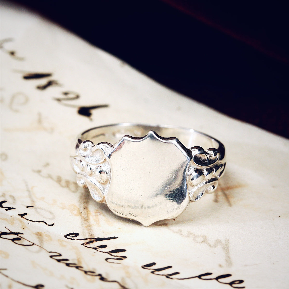 Vintage Style Silver Shield Signet Ring