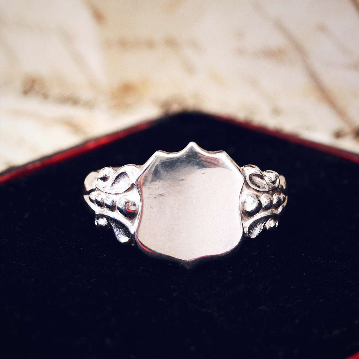 Vintage Style Silver Shield Signet Ring