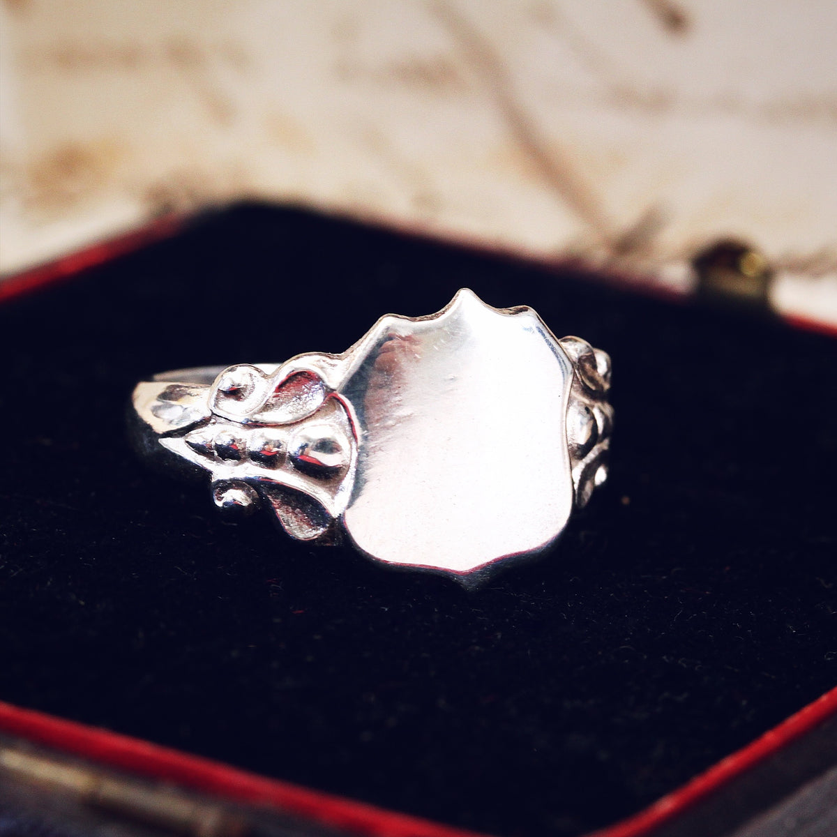 Vintage Style Silver Shield Signet Ring