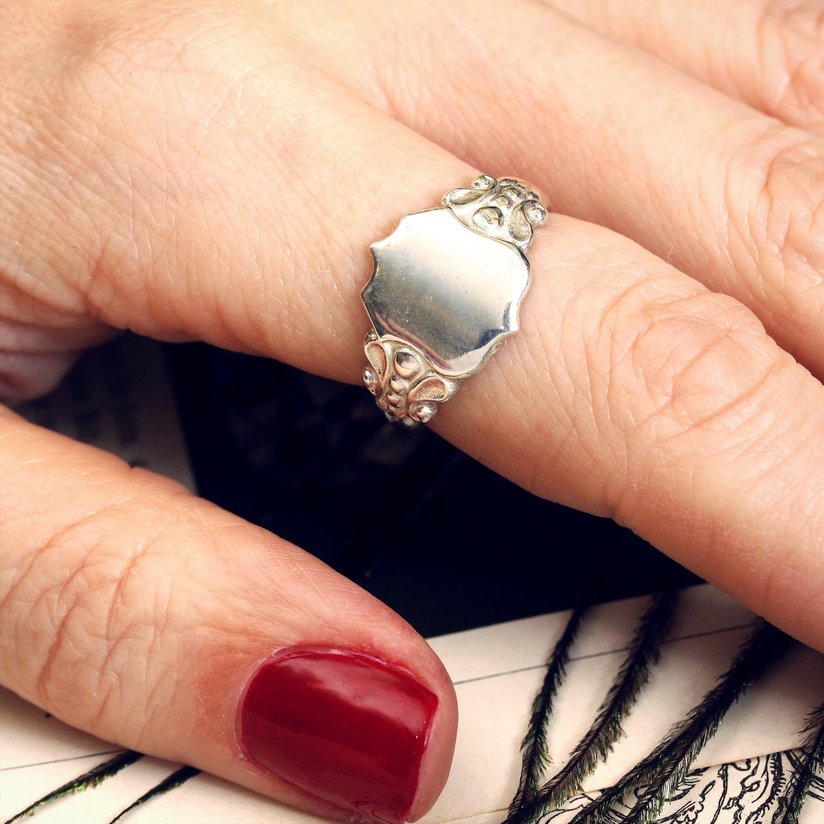 Vintage Style Silver Shield Signet Ring