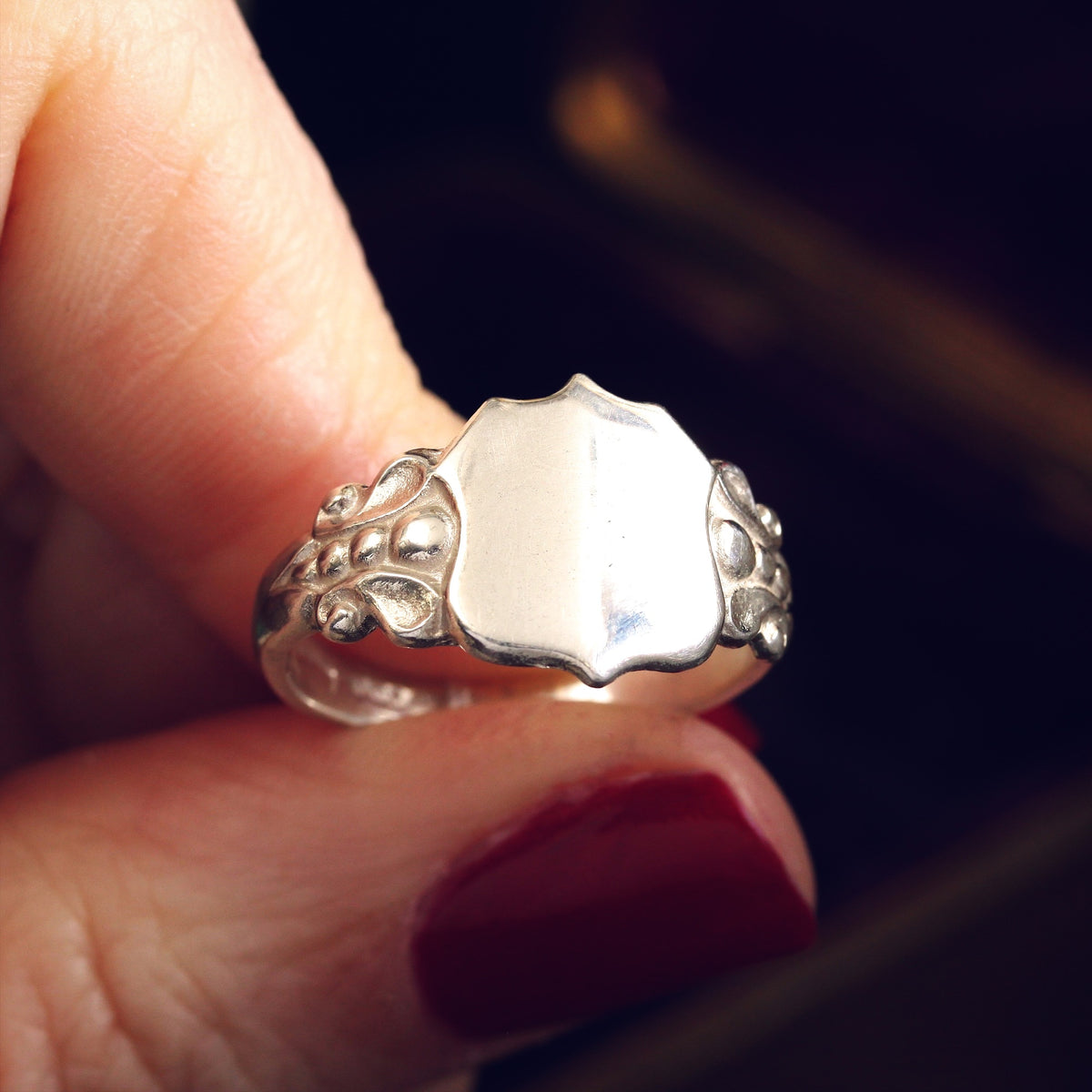 Vintage Style Silver Shield Signet Ring