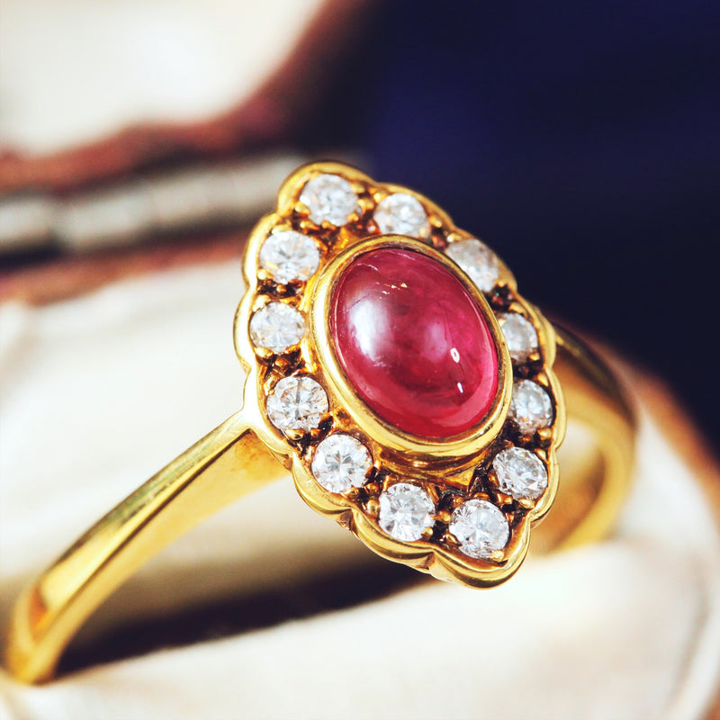 Vintage Cabochon Ruby & Diamond Cluster Ring