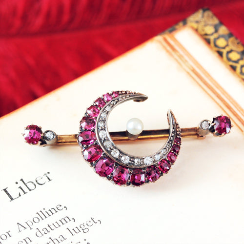 Antique Ruby and Diamond Crescent Moon Brooch