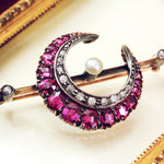 Antique Ruby and Diamond Crescent Moon Brooch