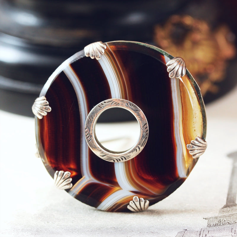 Antique Victorian Scottish Banded Agate Brooch